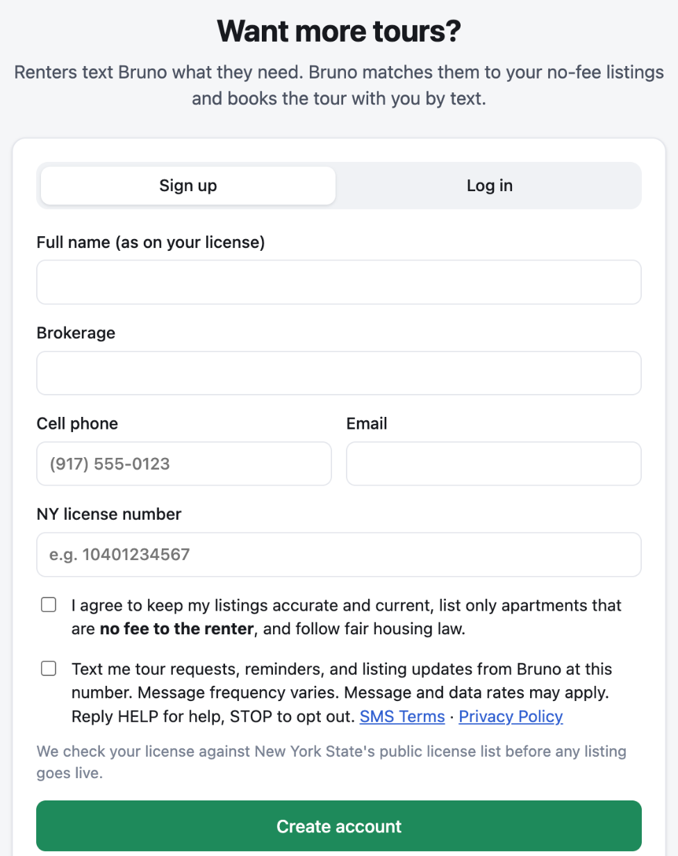 Bruno agent sign-up form with a separate, unchecked checkbox agreeing to text messages, plus message frequency, rates, HELP and STOP disclosures and links to the SMS Terms and Privacy Policy.